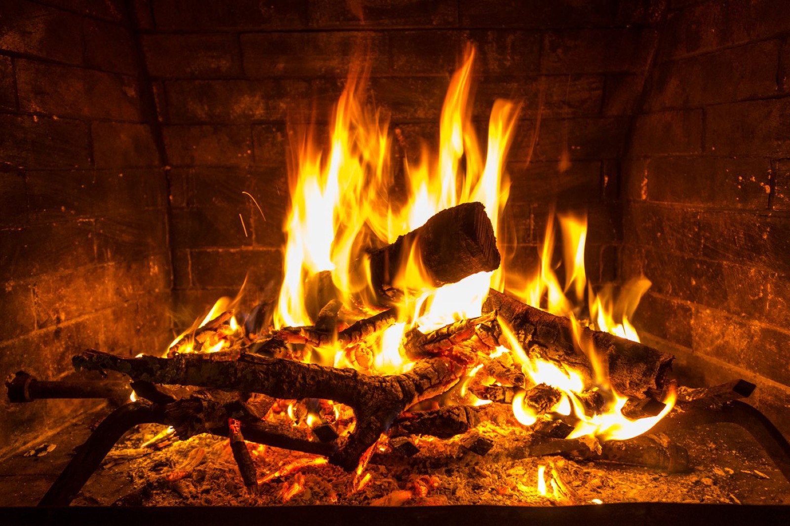 Feu de bûches dans un foyer en briques au cœur d'un salon